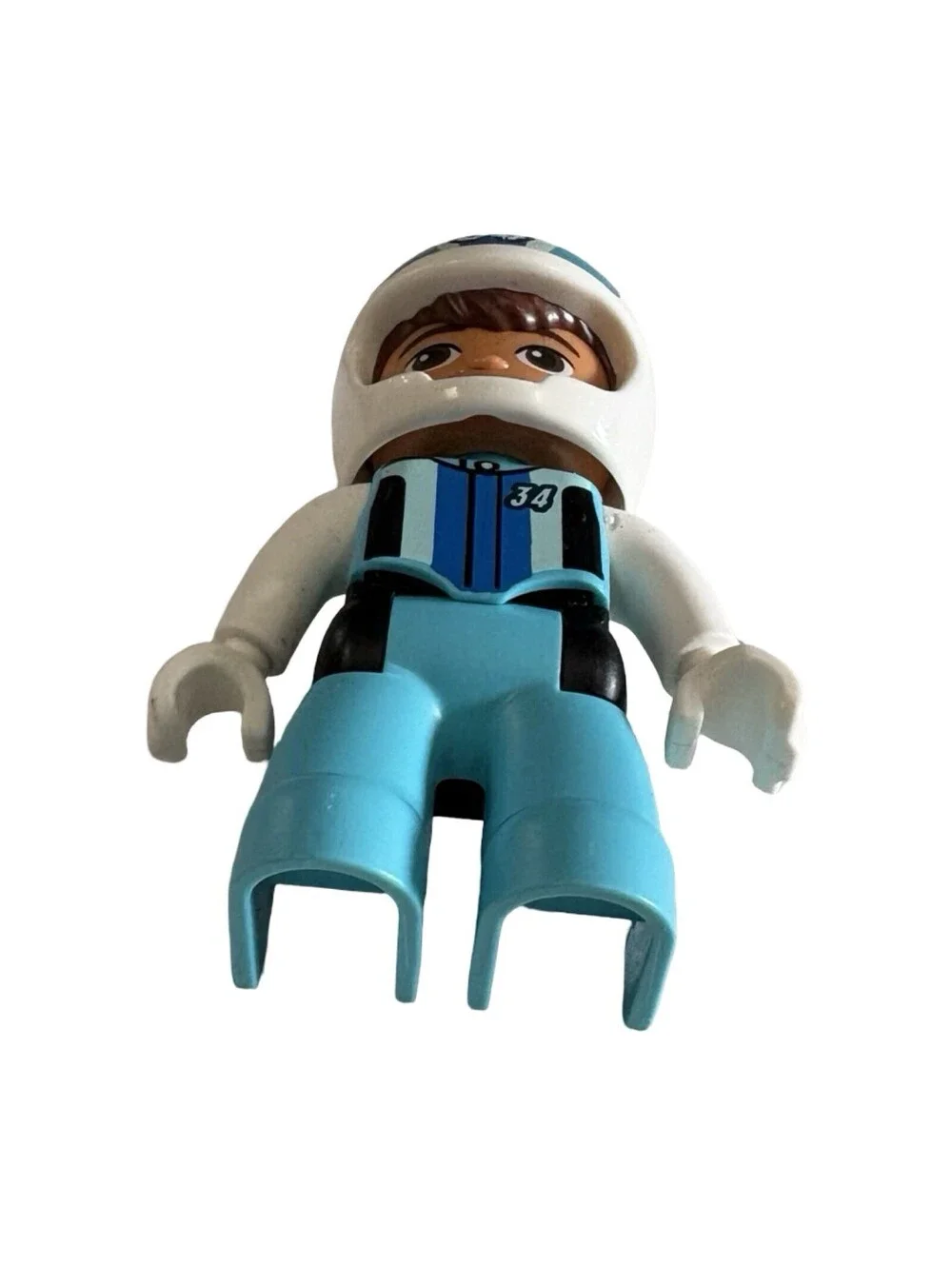 Lego Duplo Building Block Figure CAR RACER Man White Helmet Blue #34